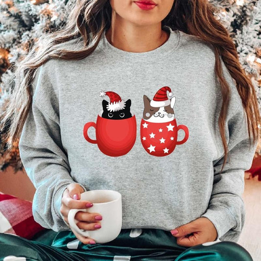 Christmas Cats and Coffee Sweatshirt, Cute Cat Lover Gift Hoodie, Latte Coffee Lover Sweater, Christmas Hoodie Gift For Cat Owner.