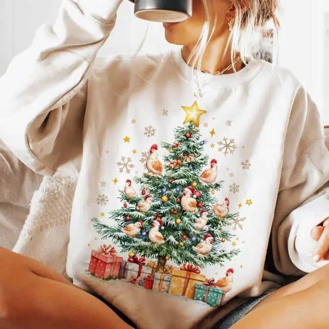 Christmas Chicken Coquette Bow Sweatshirt, Chicken Christmas Tree Shirt, Trendy Chicken Xmas, Chicken Mom Lover T Shirt,...