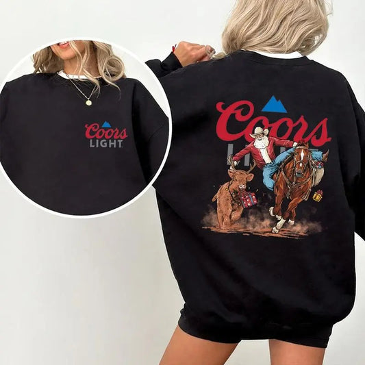 Christmas Coors Light Santa Cow Boy Beer Lovers Sweatshirt 2 sides