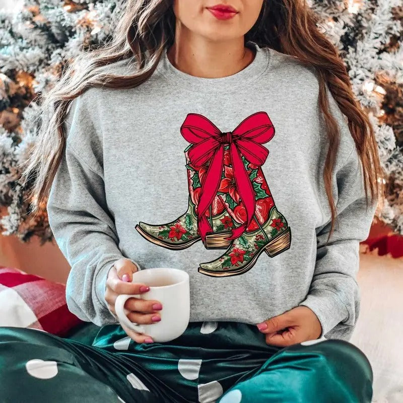 Christmas Coquette Boots Sweatshirt, Have A Boot Scootin Merry Christmas, Western Sweatshirt, Christmas Sweater, Cowgirl Xmas Gift