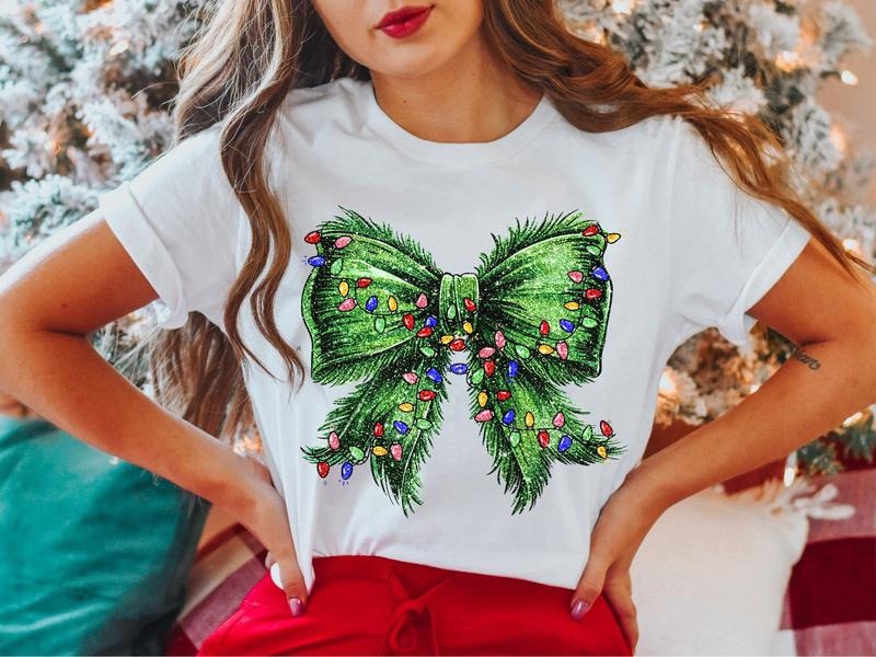 Christmas Coquette Bow T-Shirt, Cute Christmas Shirt, Christmas Gifts Tee, Christmas Party Tee, X-mas Lights Shirt, Christmas Vacay T-Shirt.