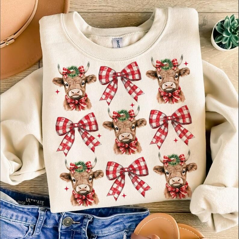 Christmas Coquette Highland Cow , Western Christmas Sweatshirt T-Shirts, Hoodie | DripVista.com