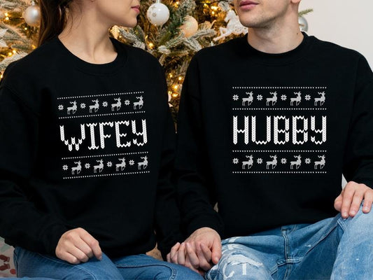 Christmas Couple Sweatshirt, Hubby And Wifey Hoodie For Christmas, Matching Newlywed Sweater, Christmas Wedding Gift Sweater, Husband Wife Winter Holiday Outfit.