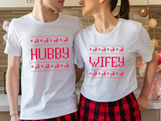 Christmas Couple T-Shirt, Hubby And Wifey Shirt, Matching Newlywed Tee, Christmas Wedding Gift Tee, Husband Wife Winter Holiday Outfit.