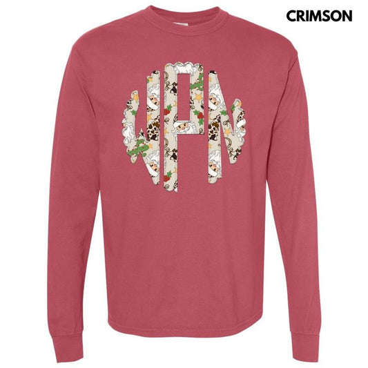 Christmas Cow Print Monogram Long Sleeve Comfort Colors T-Shirt 'NLB'