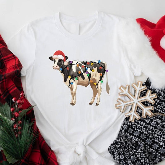 Christmas Cow Shirt, Cow Lights T-Shirt, Merry Christmoos Tee, Animal X-mas Party Gift Tee, Western Holiday Tee.