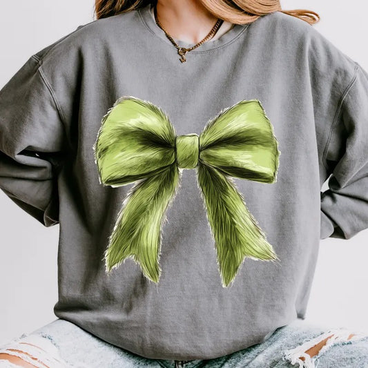 Christmas Crewneck, Green Fur Christmas Bow Crewneck, Christmas Sweatshirt, Holiday Christmas Sweatshirt, Winter Season Graphic, Casual Cotton Crewneck, Polyester, Oversized