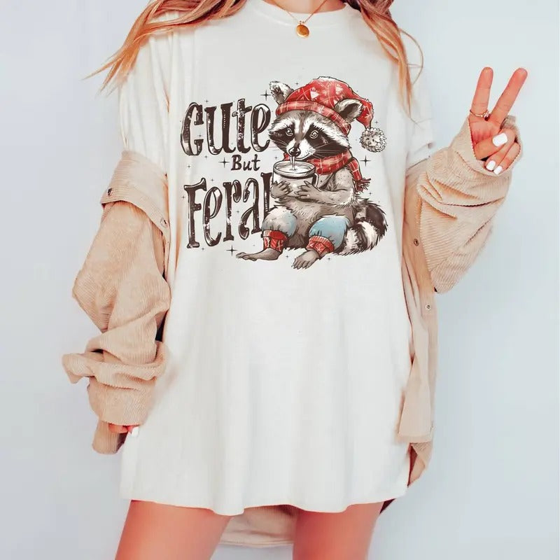 Christmas Cute But Feral Raccoon Shirt Cute Christmas Shirt Happy Greeting Season, Cute, Vintage Shirt