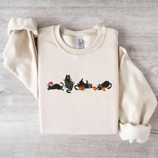 Christmas Cute Cat Embroidered Sweatshirt, Festive Holiday Cat Sweater, Cozy Christmas Pullover, Adorable Cat Lover Gift, Unisex Christmas Jumper