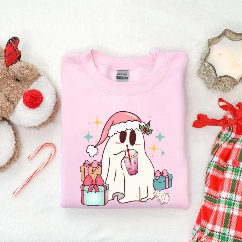 Christmas Cute Ghost Sweatshirt, Funny Holiday Sweatshirt, Pink Christmas Sweatshirt, Christmas Coffee Shirt, Christmas...