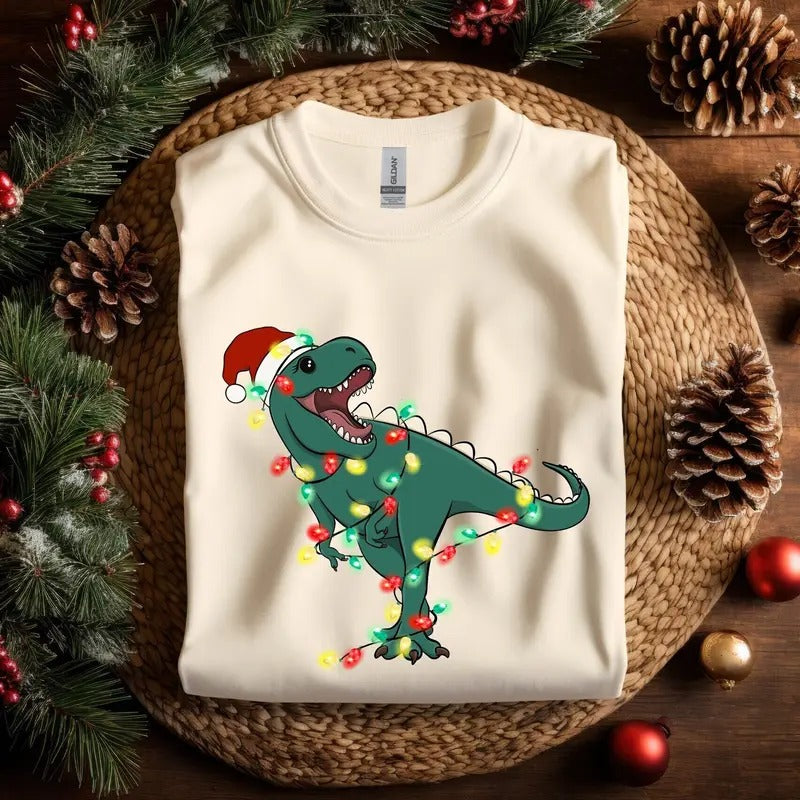 Christmas Dinosaur Light Sweatshirt, T-Rex Christmas Hoodie, Animal Christmas Light Outfit, Dinosaur Santa Hat Sweater,...