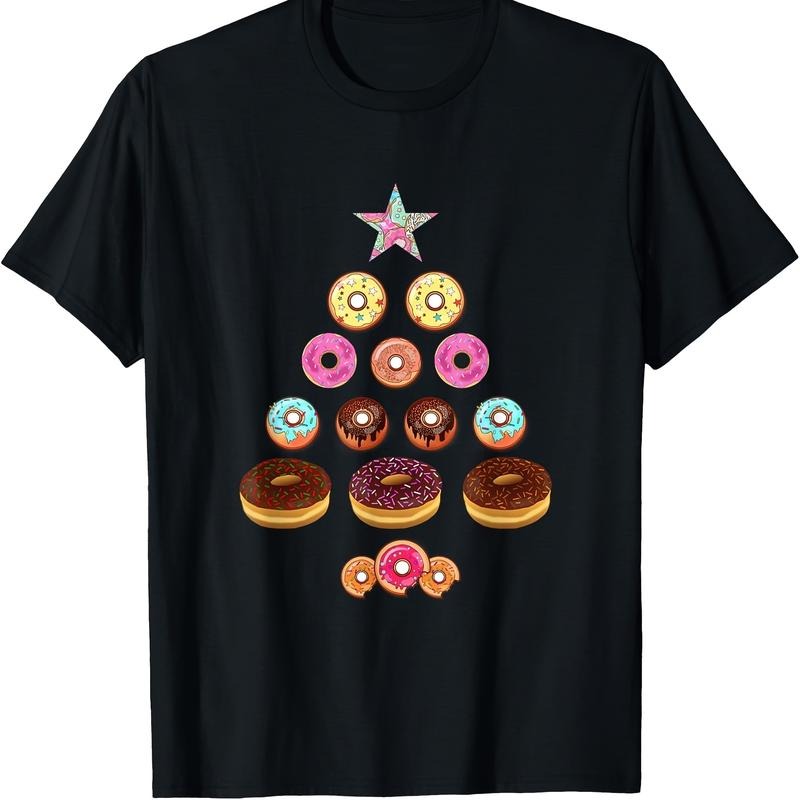 Christmas Donut Tree Graphic T-Shirt, 100% Cotton, Short Sleeve, Regular Fit, Knit Fabric, Cartoon Pattern, for Doughnut...