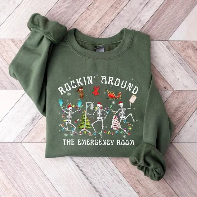 Christmas ER Nurse Sweatshirt, ER Nurse Shirt, Rockin' Around Skeleton, Er Tech Shirt, Emergency Department, Christmas Gift for Nurse