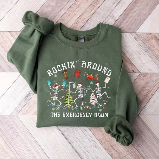 Christmas ER Nurse Sweatshirt, ER Nurse Shirt, Rockin' Around Skeleton, Er Tech Shirt, Emergency Department, Christmas Gift for Nurse