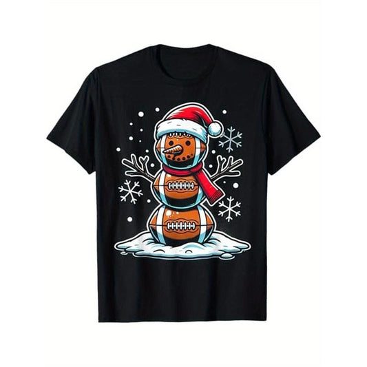 Christmas Football Snowman Holiday Sports Design T-Shirt, 100% Cotton, Gift for Men Women Dad Mom Friends, S-XXXL, Black made in usa