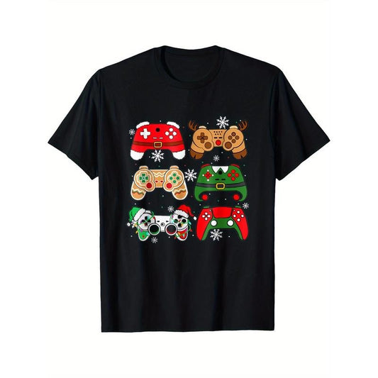 Christmas Gamer T-Shirt - Soft, Breathable, Comfortable Short Sleeve Tee for Boys and Men - Daily Wear, All Season, Black, Printed with Santa Elf Gaming Controllers Design Made in USA