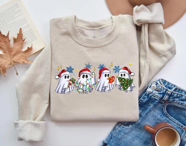 Christmas Ghost Sweatshirt, Ghost Christmas Shirt, Ghost Light Sweatshirt, Festive Green Holiday Shirt