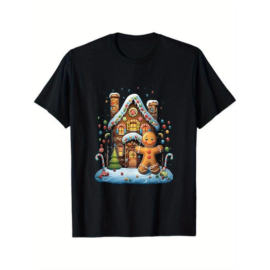 Christmas Gingerbread House Candy Cane X-Mas Pajamas Party T-Shirt Black casual short sleeve men's sport T-shirt 220g made in usastyle{n002}2