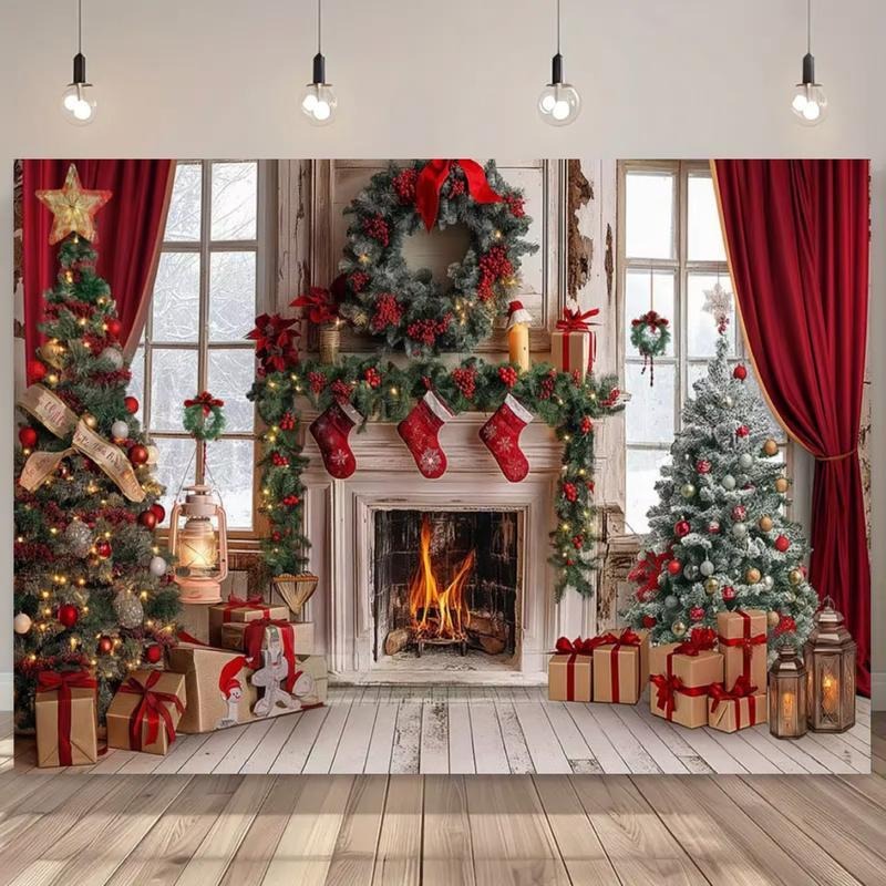 Christmas Holiday Backdrop Vinyl | Winter Fireplace Christmas Tree Decor Scene for Party Decoration | No-Electricity...