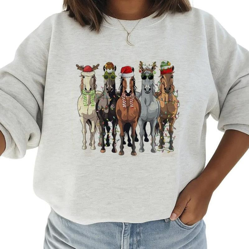 Christmas Horses Sweatshirt Horse Lover Christmas Gift, Christmas Cheer T-shirt Merry And Bright Hoodie Cotton Womenswear