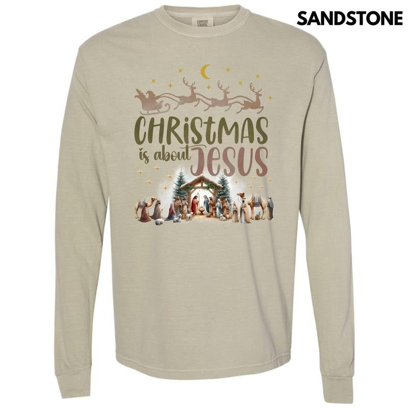 Christmas Is About Jesus Long Sleeve Comfort Colors T-Shirt 'NLB' Hoodie, Sweatshirt | DripVista.com
