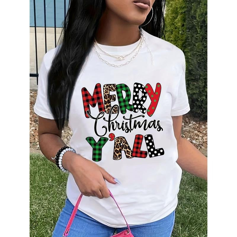 Christmas Leopard Letter Print T-shirt, Casual Short Sleeve Crew Neck Top, Women'WB shield Clothing Hoodie, Sweatshirt