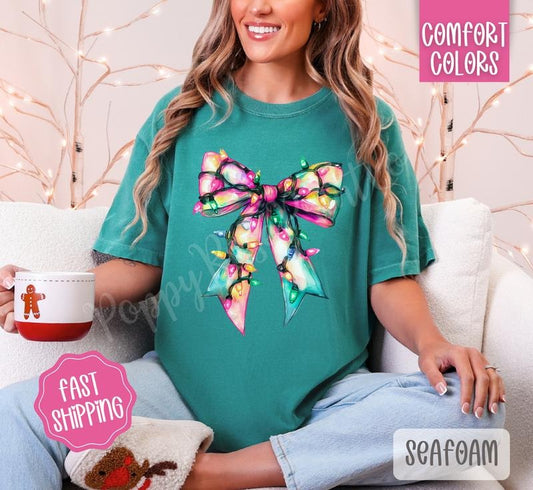 Christmas Lights Bow Comfort Colors, Trendy Women's Holiday Tshirt