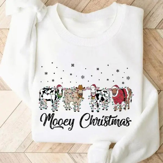 Christmas Lights Cow Print Round Neck Pullover Sweatshirt, Country Life, Cow Girl, Cow Boy Christmas Shirt, Full Sizes, Full Colors