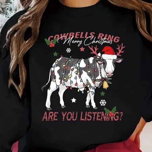 Christmas Lights Milky Cow Print Round Neck Pullover Sweatshirt, Country Life, Cowgirl, Cowboy Christmas Shirt, Milky Cow Xmas Tee