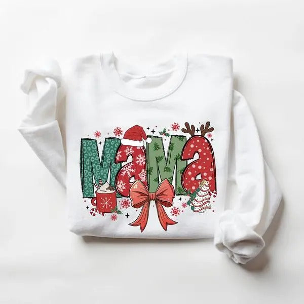 Christmas MaMa Coquette Bow Christmas Patterns Sweatshirt, Christmas Mama Gift for Mom, for Nana, Mimi, for women and men
