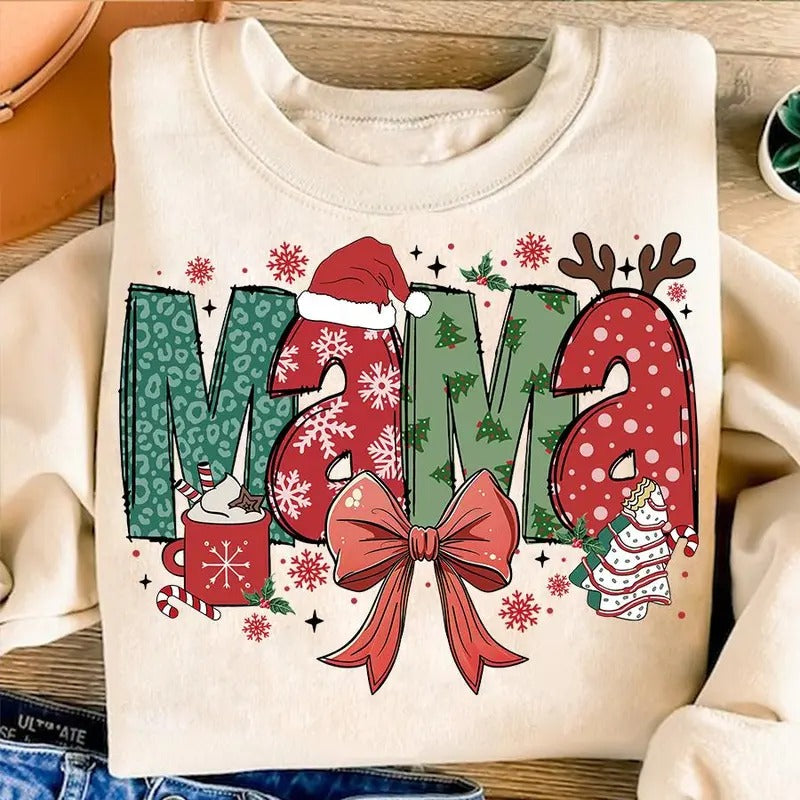 Christmas Mama Claus Sweatshirt, Coquette Bow Christmas Tree Cake Shirt, Candy Cane Santa Hot Cocoa T-Shirt, Festive Holiday Clothing, Unisex christmas sweatshirt