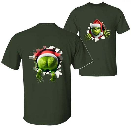 Christmas Movie Character Green Guy The Grin Through Hole Trendy Christmas Season 2 Sided Graphic Printed Unisex Classic Comfort Cotton T-Shirt