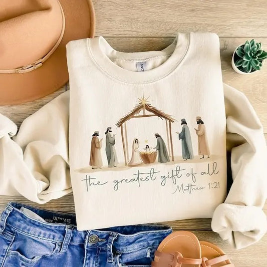 Christmas Nativity Bow Greatest Gift of All Nativity Shirt, Sublimation Shirt , Coquette Christmas Bow Sweatshirt, For Men, For Women