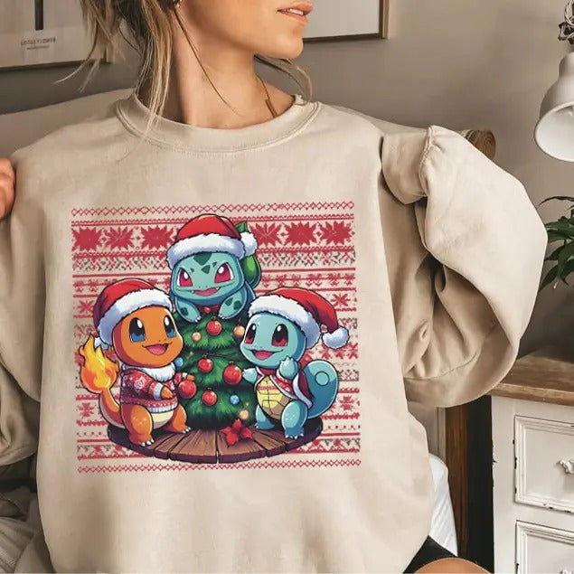 Christmas PKM Sweatshirt, Christmas Shirts for Anime Lovers,  Bulbasaur, Charizard, Turtle Hoodie | DripVista.com