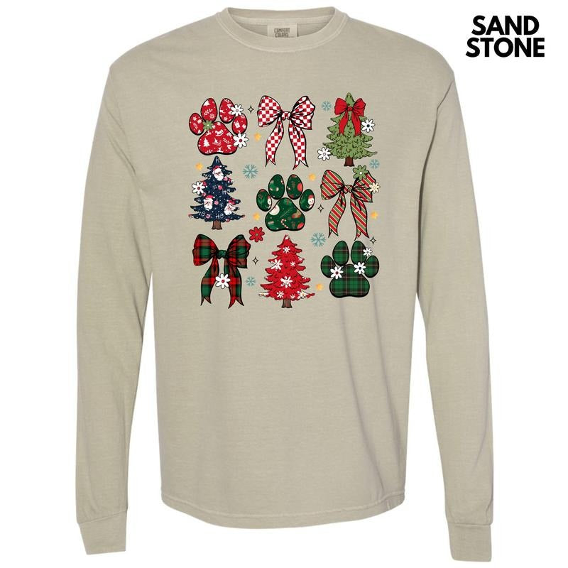Christmas Paws Collage Long Sleeve Comfort Colors T-Shirt 'NLB' Hoodie, Sweatshirt | DripVista.com