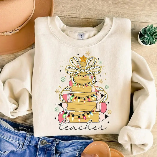 Christmas Pencil Tree Teacher Sweatshirt, Teacher Coquette Bow Sweatshirt, Teacher Christmas Shirt , Gift for Teacher, Merry Teacher