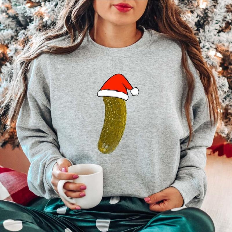 Christmas Pickle Sweatshirt, Xmas Celebration Sweater, Funny Vegetable Hoodie, Unisex Pickle Cucumber Lover Gift Long Sleeve, Holiday Sweater.