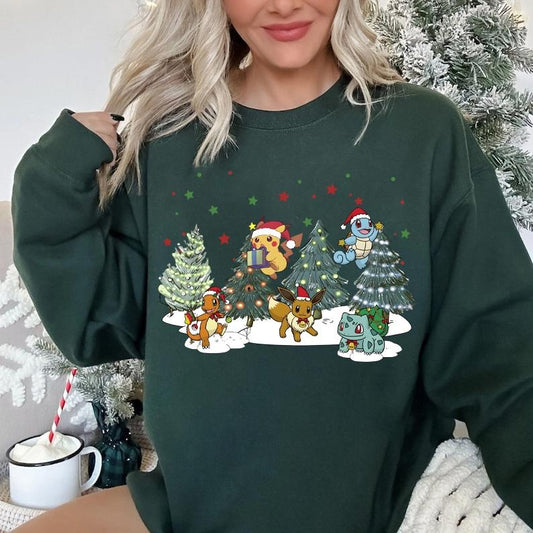 Christmas Pokemon Sweatshirt, Pokemon Christmas Tree Shirt, Anime Christmas Sweatshirt, Cartoon Anime Characters Hoodie, Christmas Tree Sweatshirt, Christmas Gift For Anime Lovers, Bulbasaur, Pikachu, Eevee, Charizard, Charmander, Squirtle