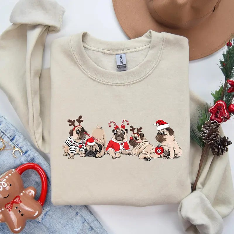 Christmas Pug Sweatshirt, Pug Mom Christmas Shirt, Merry Pugmas Sweater, Santa Hat Pug T-Shirt, Pug Lover Xmas Shirt