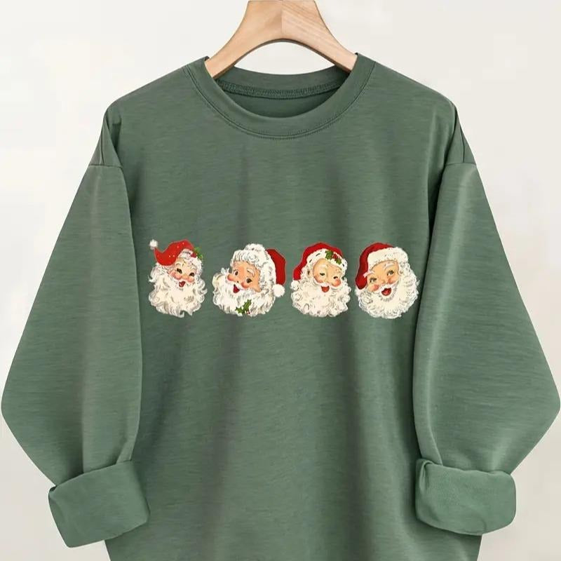 Christmas Santa Claus Print Pullover Sweatshirt, Casual Long Sleeve Crew Neck Sweatshirt For Fall & Winter, Women's...