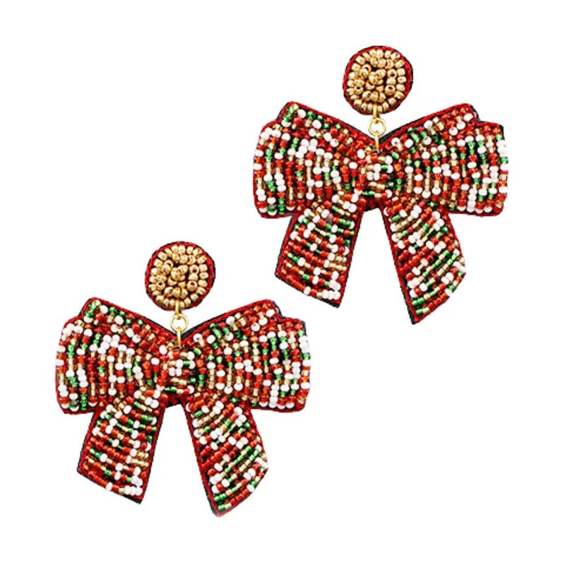 Christmas Seed Bead Bow Earrings