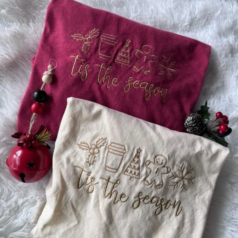 Christmas Shirt, Embroidered Christmas Tshirt, Tis The Season Tshirt Hoodie, Sweatshirt | DripVista.com