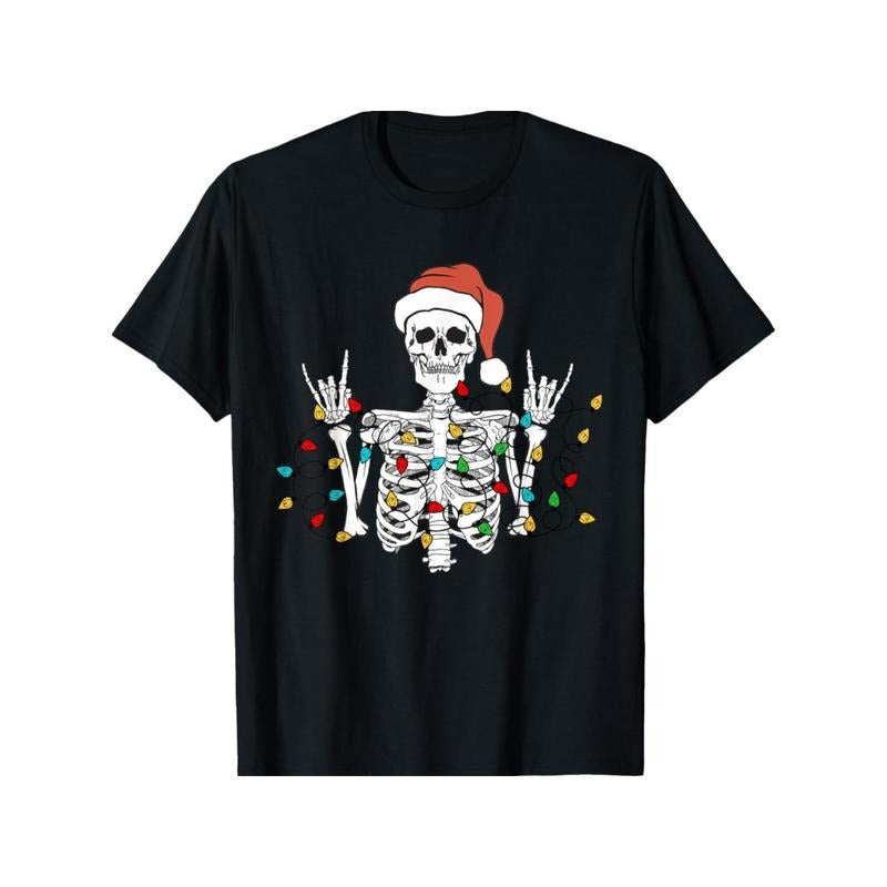 Christmas Skeleton Rocker Wrapped in Xmas Lights Santa Hat T-Shirt made in usa Hoodie, Sweatshirt | DripVista.com