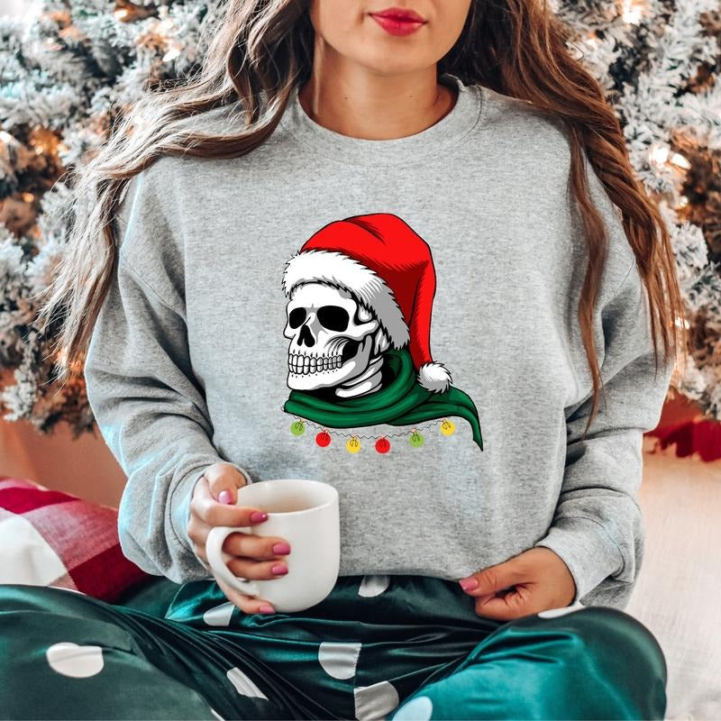 Christmas Skull Sweatshirt, Matching Christmas 2023 Sweater, Christmas Horror Hoodie, Holiday Celebration Gift Sweater, X-mas Party Skull Sweatshirt.
