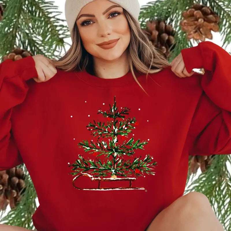 Christmas Sleigh Sweatshirt, Christmas Tree Sweater, Holiday Christmas Tee Shirt, Holiday Shirt For Women Hoodie
