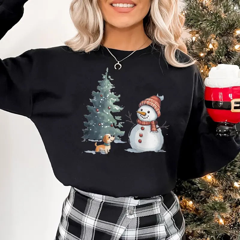 Christmas Snowman & Dog Sweatshirt, Cute Snowman Sweatshirt, Christmas Tree Sweatshirt, Dog Lover Christmas Gift, Women's...