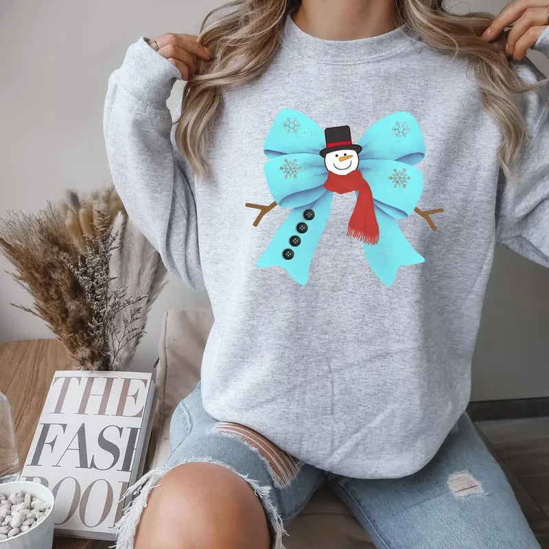 Christmas Snowman Bow Crewneck Sweatshirt Comfortable T-Shirts, Hoodie | DripVista.com