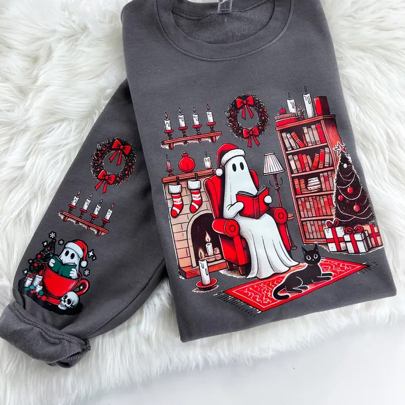 Christmas Spirit Holiday Ghost Reading Sweatshirt or Hoodie with sleeve print Comfy Sublimation Tops Menswear Unisex...