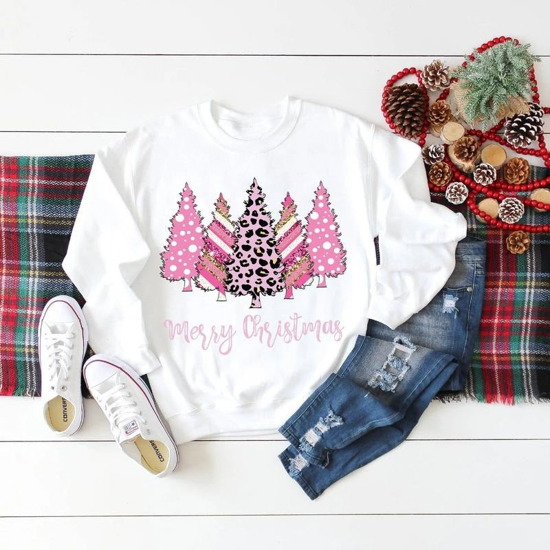 Christmas Sweatshirt, Leopard Print Christmas Shirt, Merry Christmas Pink Christmas Trees Hoodie, Holiday Shirt, Cute...