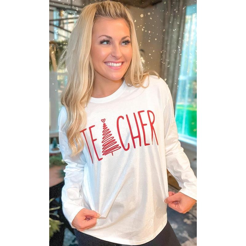 Christmas Teacher Tree Graphic Boyfriend Long Sleeve T-Shirt Hoodie, Sweatshirt | DripVista.com